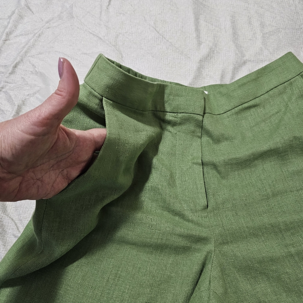 MNG Linen Tailored Pants Flat Front Green Straight Ciggarette Leg Womens Small - Picture 7 of 15